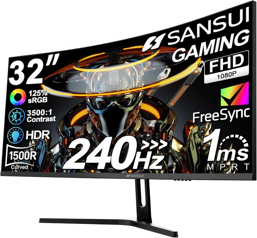 SANSUI 32 Inch Curved 240Hz Gaming Monitor High Refresh Rate, FHD 1080P Gaming PC Monitor HDMI DP1.4, Curved 1500R, 1Ms MPRT, HDR,Metal Stand,VESA Compatible (ES-G32C3F DP Cable Incl.)