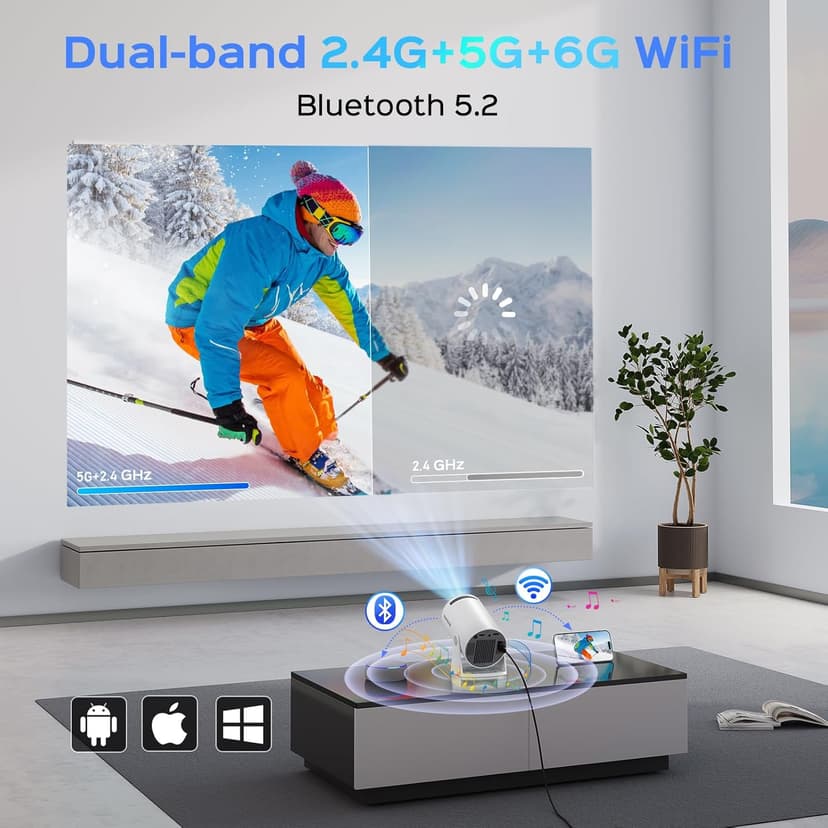 Mini Projector With WiFi and Bluetooth, 180 Rotatable Portable, 150" Smart With Android TV 11.0, 1080P Support 4K Decoding, 2.4G/5G WiFi6, Auto Keystone for Home Theater, White