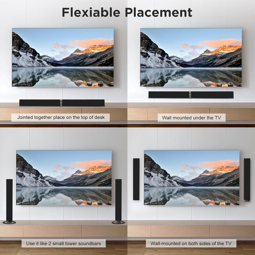 MZEIBO Sound Bar for Smart TV, 80W Bluetooth Soundbar 2 in 1 Detachable Design, Deep Bass, Home Theater Surround Sound, ARC/Optical/AUX Connections for TV/PC/Gaming/Projectors
