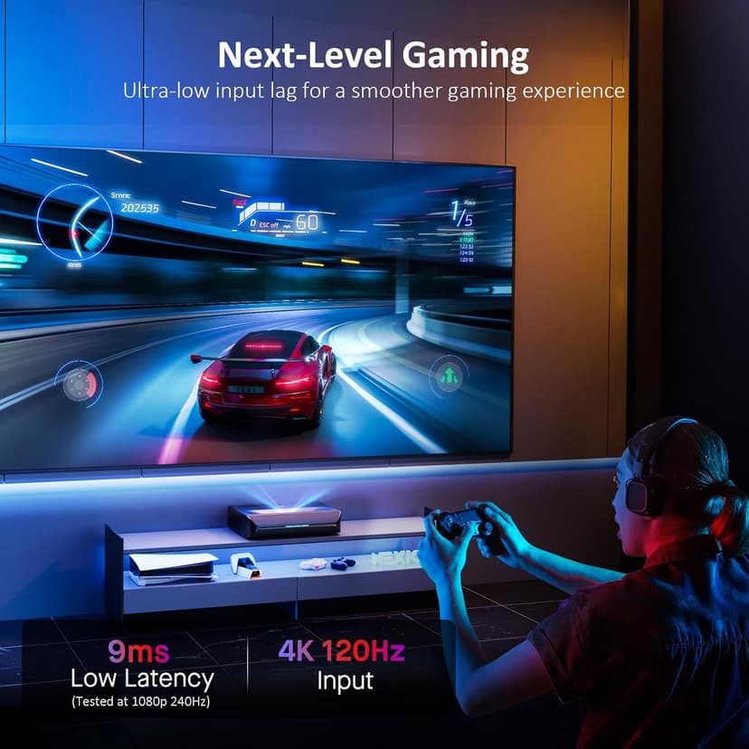 NexiGo Aurora Pro, Ultra Short Throw 4K Tri-Color Laser Projector, 2400 Lumens, Screen Adoption, Dynamic Laser Dimming, Dolby Vision & Atoms, HDR10, HLG, Active 3D, 60W Speakers, UST Laser TV