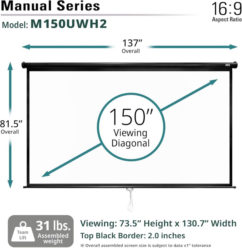 Elite Screens Manual Series, 150-INCH 16:9, Pull Down Manual Projector Screen with AUTO LOCK, Movie Home Theater 8K / 4K Ultra HD 3D Ready, 2-YEAR WARRANTY, M150UWH2