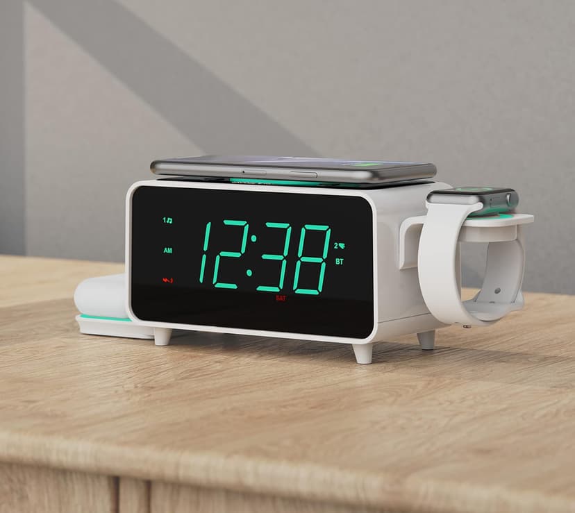 Emerson Smartset Dual Alarm Clock FM Radio with Wireless Charging, Bluetooth Speaker, Ultra Fast Charging for Airpods/iPhone, Foldable Stand, USB Charger, Adjustable LED Glow, ER100501