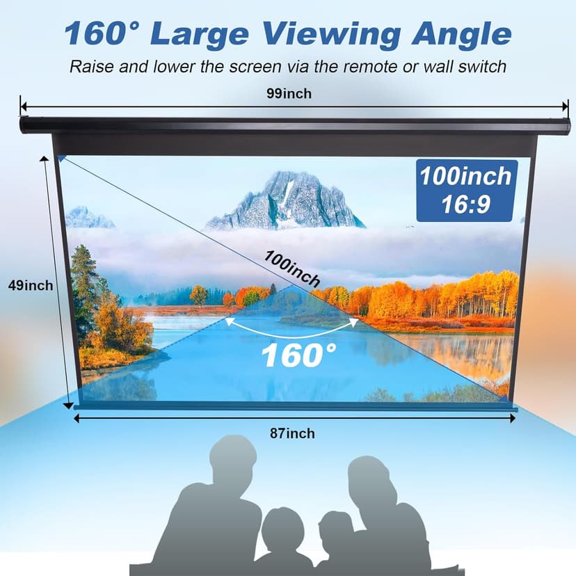Motorized Projector Screen Pull Down 100 Inch 16:9 HD Automatic Projector Screen with Remote, Electric Retractable Black Projection Screen Portable, Roll Up Movie Screens for Projectors Outdoor Indoor