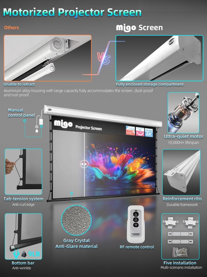 120inch Projector Screen with ambieht Light Electric Tab-tensioned Drop Down Cinema Screen,White Housing Ceiling and Wall