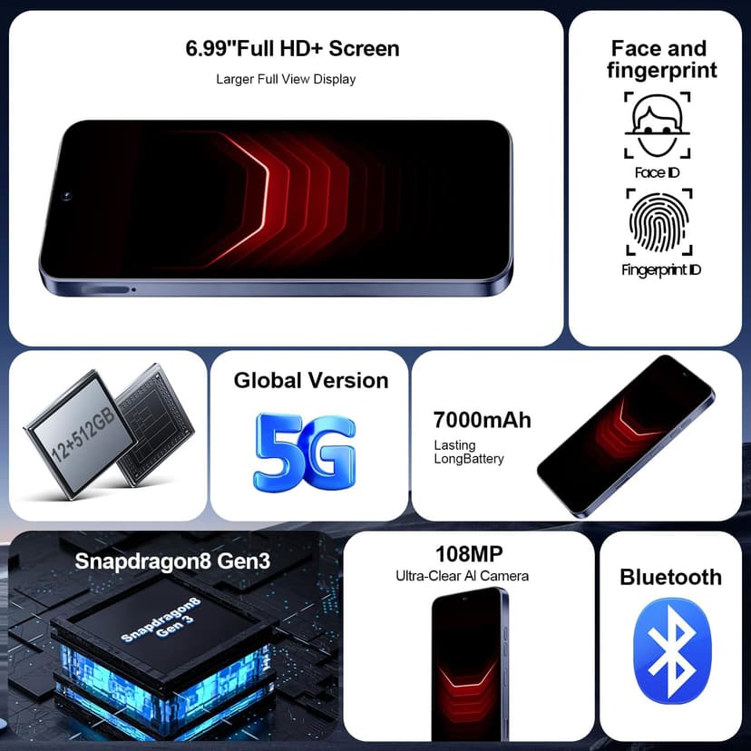 16 ProMa x Smartphone Unlocked Cell Phone, 6.99“ HD Screen 5G Phone, 8+256GB Unlocked, 7000mAh, 68+108MP Zoom Camera, Fingerprint Button Unlock-and take Photos,Dual SIM (Deep Blue)