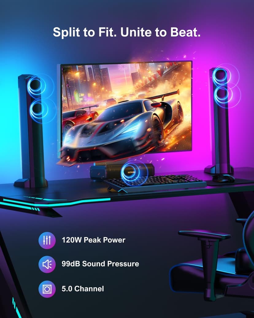 ULTIMEA 5.0ch Sound Bar for Smart TV, PC Soundbar with RGB Light, Detachable Soundbar for TV with App Control, 120W Peak Power, Bluetooth 5.3 TV Sound Bar, HDMI-ARC/Opt/AUX, Wall Mount, Apollo S70