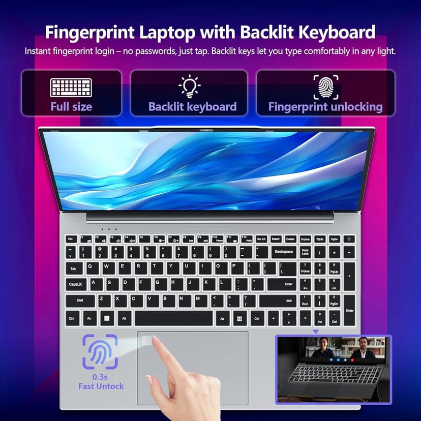 15.6 inch Gaming Laptop 2025, Laptop Computer with N95 Quad-Core up to 3.4GHz, 16GB DDR4 1TB SSD, Backlit Keyboard, Fingerprint Unlock, FHD 1920 * 1080, WiFi5, BT4.2, Win 11 Pro(Silver)