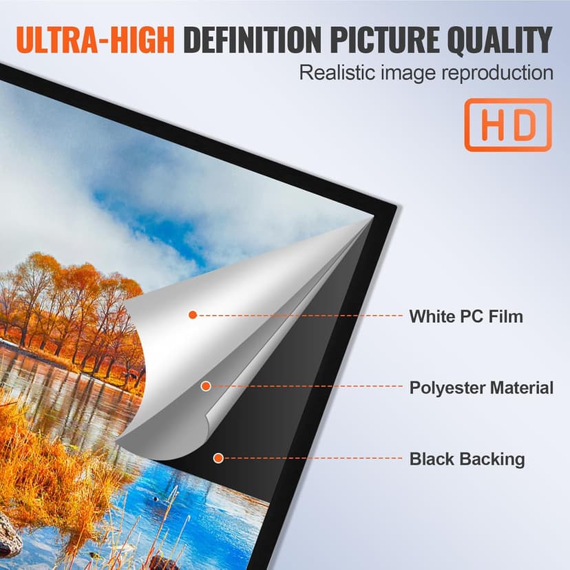 VEVOR Projector Screen Fixed Frame 130inch Diagonal 16:9 Movie Projector Screen 4K HD with Aluminum Frame Projector Screen Wall Mounted for Home Theater Office