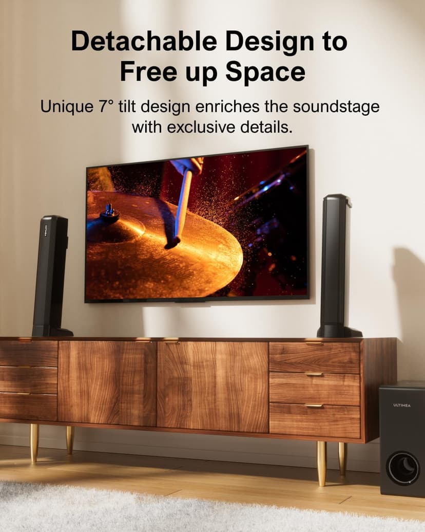 ULTIMEA 4.1ch Sound Bar for Smart TV with Subwoofer, Peak Power 200W, 2-in-1 Detachable Soundbar for TV, Bluetooth 5.3, Bass Adjustable, 3 EQ Modes TV Sound Bar, HDMI ARC/Optical/Aux, Apollo S50