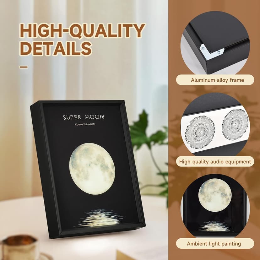 Super Moon Wireless Bluetooth Speaker Wall Art, LED Moon Light Decoration, Black Frame with Music Player Gift