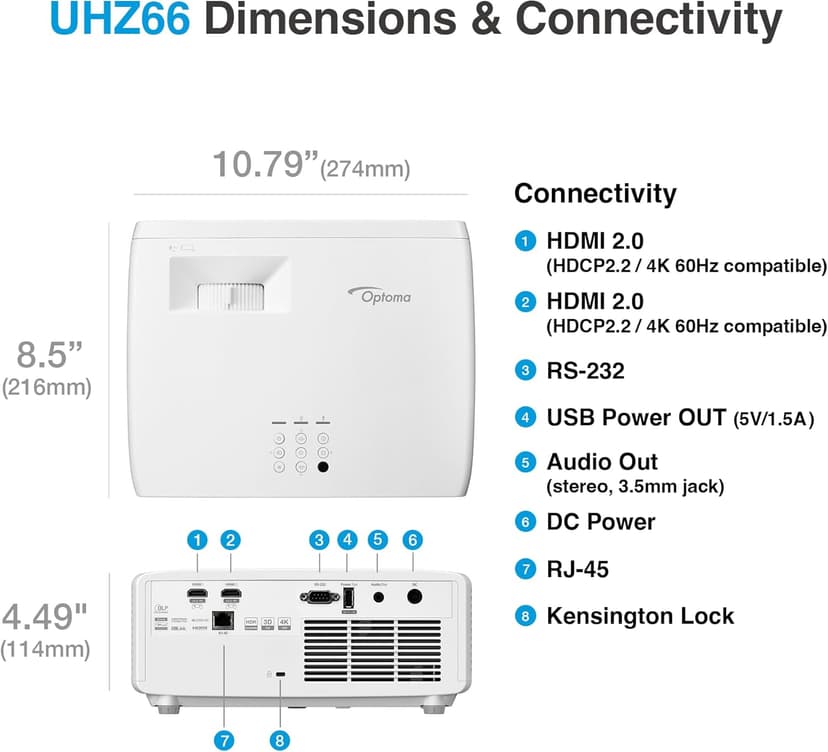 Optoma UHZ66 Technology 4000-Lumen UHD 4K Laser Projector - White