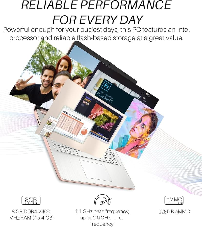 HP 14" Laptop for Student Business, Intel Quad-Core N4120, 8GB RAM + 384GB Storage (128GB eMMC+256GB MSD), Long Battery Life, Wi-Fi, HDMI, 1-Year Office 365 & Windows 11 S, Designed Mouse, Rose Gold