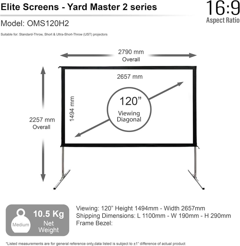 Elite Screens 120-INCH Projector Screen|Outdoor Indoor Movie Screens|16:9 Freestanding Portable Foldable ProjectionStand|Home Theater, OMS120H2