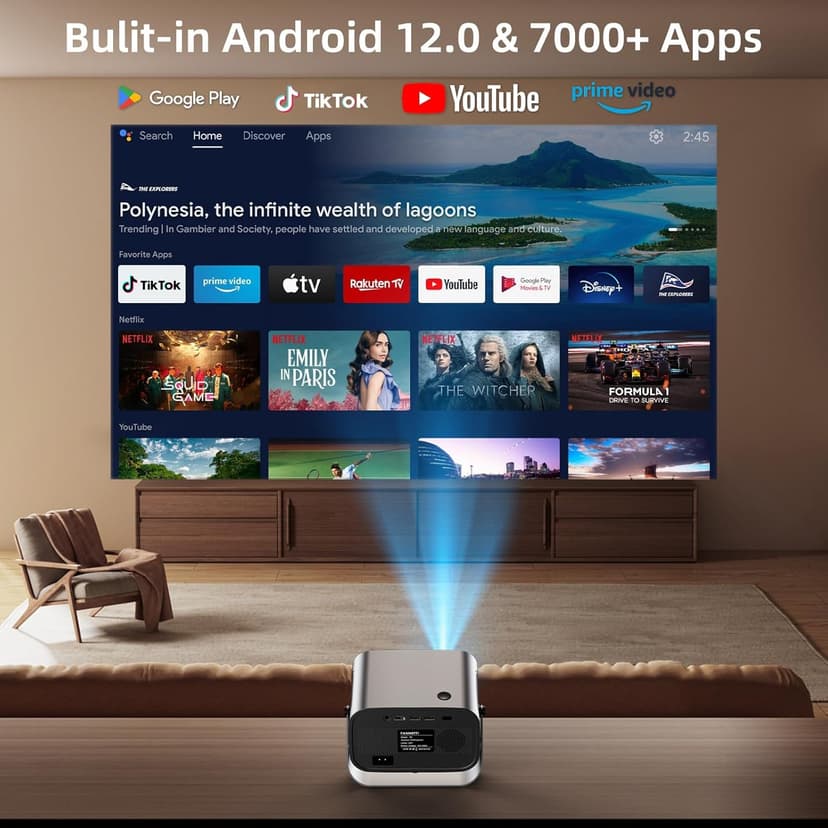 Smart Projector with WIFI and Bluetooth, 800ANSI Native 1080P Portable Projector Built-in Apps, Auto Keystone & Electric Focus Movie Projector for Home Theater, Compatible with IOS/Android/HDMI/USB