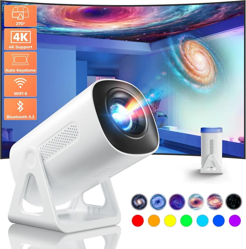 Portable WiFi and Bluetooth Projector - 4K 1080P Supported Mini Movie Projector, 270°Adjustable Stand Outdoor Home Theater Star Projector with Ambient Light for Phone TV Stick Laptop