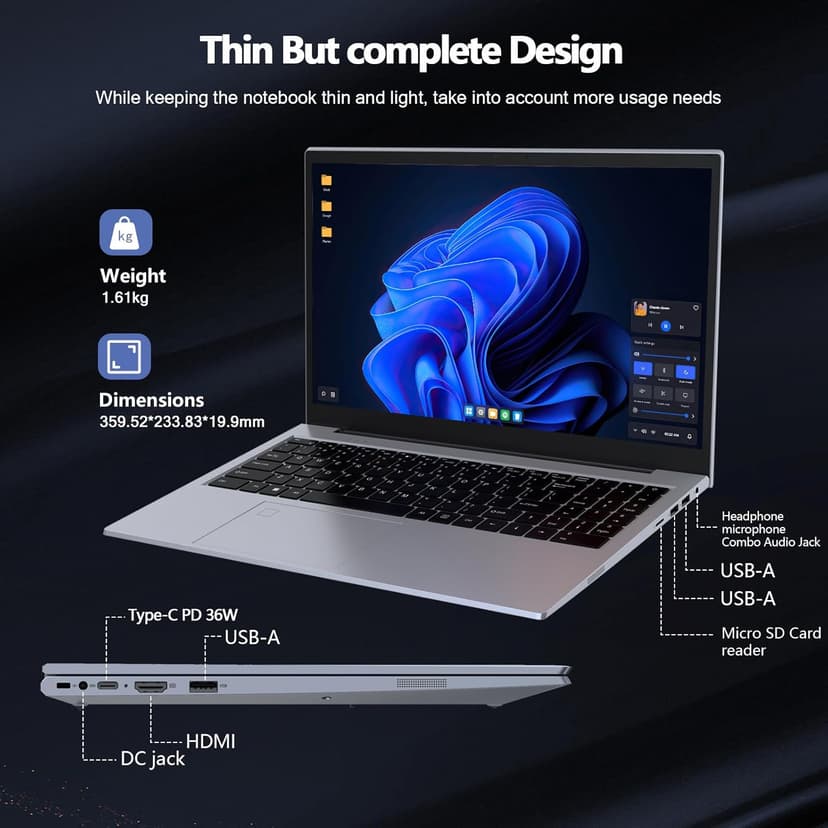 ZOLWAYTAC Laptop Gaming,Gaming laptops,16GB DDR4 512GB SSD,with N100 Processor(UP to 3.4Ghz,4C/4T),15.6" FHD 1920 * 1080P,Full Metal Housing,WiFi,BT,USB3.2,Type C Charging,180°Open Angle,Metallic Grey
