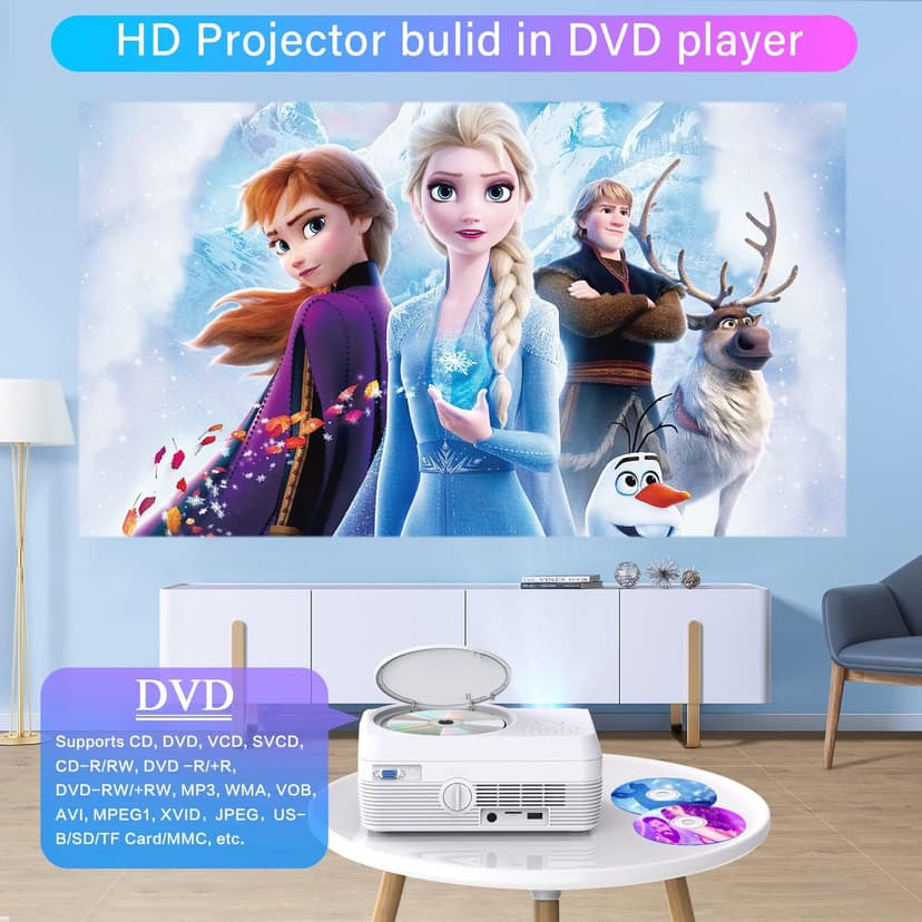 Full HD Bluetooth Projector Built in DVD Player, 12000LM 1080P Supported, Portable Mini DVD Projector for Outdoor Movies, 250" Home Theater, Compatible with iOS/Android/TV Stick/PS4/HDMI/USB/TF Card
