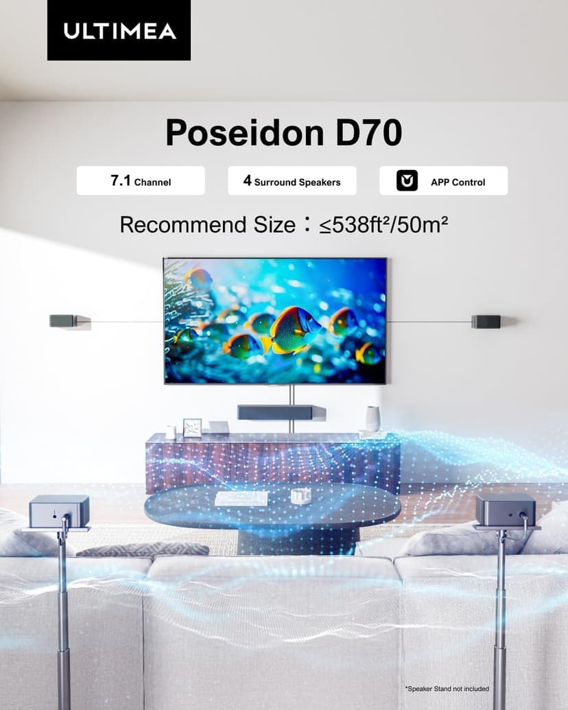 ULTIMEA 7.1 Sound Bars for TV, Virtual Surround Sound System, 410W Peak Power, App Control, Smart TV Soundbar with Wireless Subwoofer, 4 Wired Surround Speakers, Home Theater Sound System, 2025
