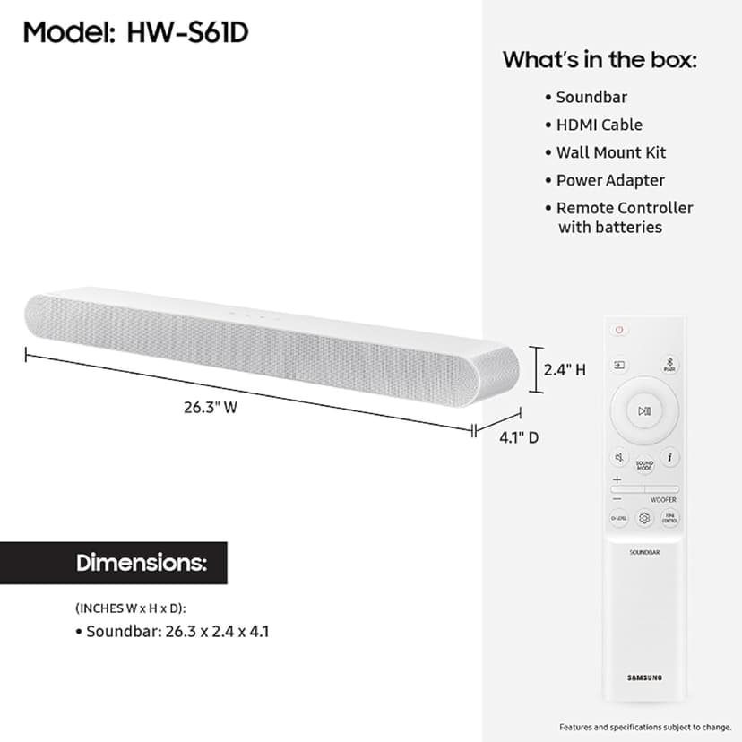 SAMSUNG S61D 5.0ch Soundbar w/Wireless Dolby Atmos Audio, All-in-One Design, Q-Symphony, SpaceFit Sound Pro, Adaptive Sound, Game Mode Pro with Alexa Built-in, HW-S61D/ZA