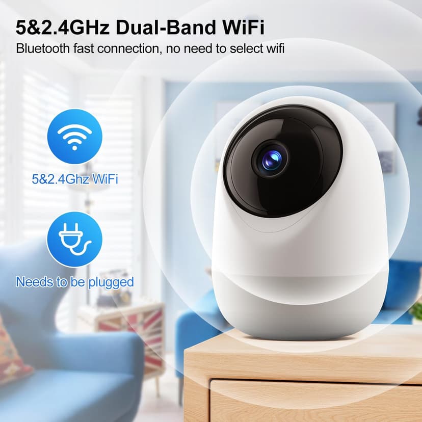 5&2.4Ghz Indoor Security Camera, 360° 3MP WiFi Cameras for Home Security, Home Security Camera, Baby/Pet Camera with Phone App, Motion/Sound Detection, Auto Tracking, 2-Way Audio, TF/Cloud Storage