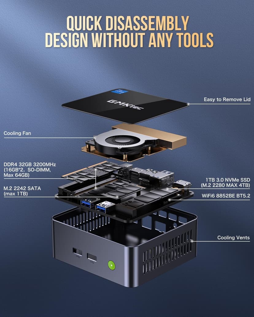 GMKtec Mini PC Intel Core i7-1195G7 (Turbo 5.0 GHz) 32GB DDR4 1TB SSD Desktop Mini Computers WiFi 6, BT 5.2/ DP, HDMI/RJ45 2.5G/USB4.0