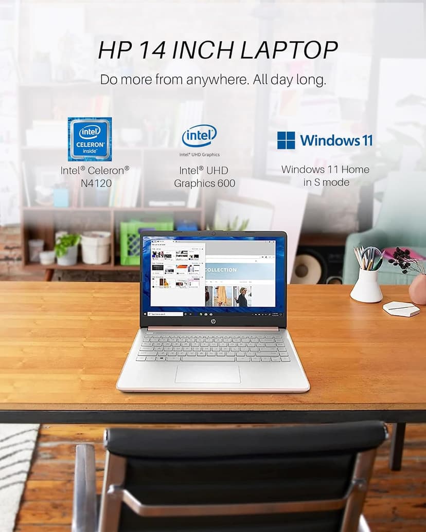 HP Stream 14 inch Laptop for Student and Business, Intel Quad-Core N4120 Processor, 8GB RAM, 320GB Storage (64GB eMMC + 256GB Card), 1-Year Office 365, Webcam, Long Battery Life, WiFi, Win 11 H in S