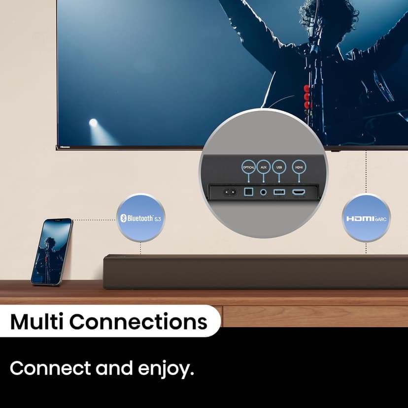 Hisense AX3100Q 3.1Ch Sound Bar with Wireless Subwoofer, Dolby Atmos, DTS:X, Bluetooth 5.3, Roku TV Ready, HDMI/AUX/ARC/Optical/USB, EzPlay, Ez UP, 7 EQ Modes