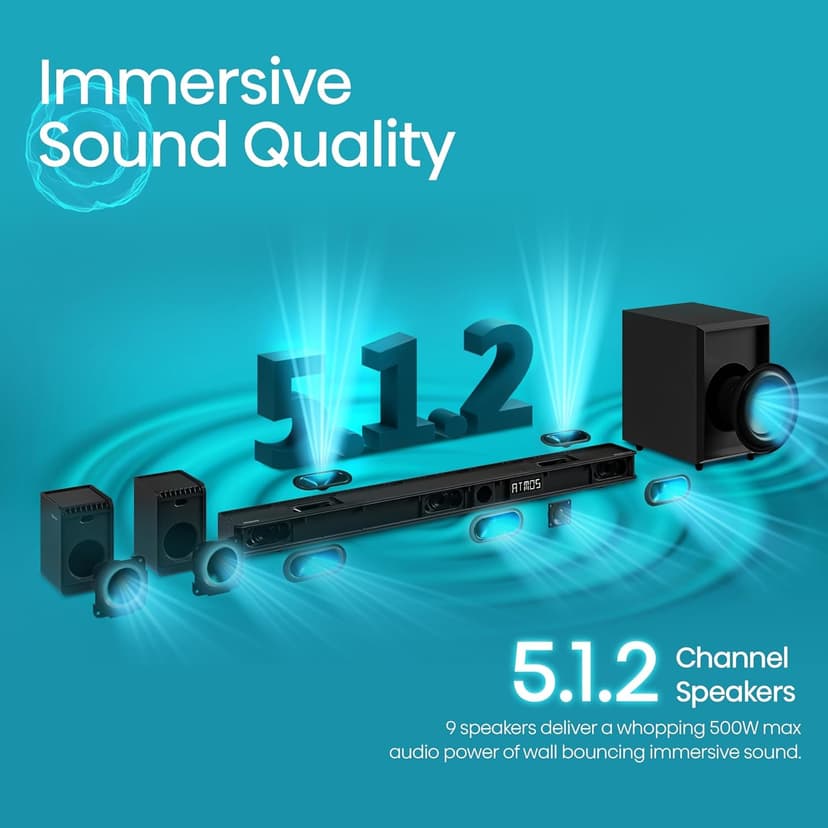 Hisense AX5125H 5.1.2Ch Sound Bar with Wireless Subwoofer, 500W, Dolby Atmos, Bluetooth 5.3, EzPlay, 4K HDMI Pass Through, Roku TV Ready, DTS:X, HDMI/AUX/ARC/Optical/USB, 7 EQ Modes