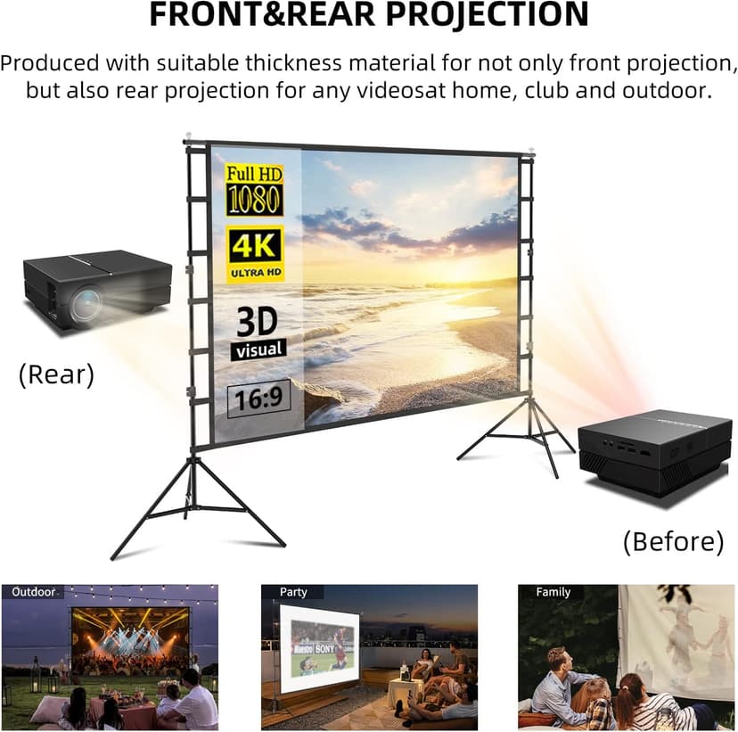 Projector Screen and Stand, lejiada150'' Upgraded Large Projection Screen Anti Crase Foldable with Carry Bag for Party Outdoor Movie Nights, Film Festivals, Business Presentations, Meetings, Home