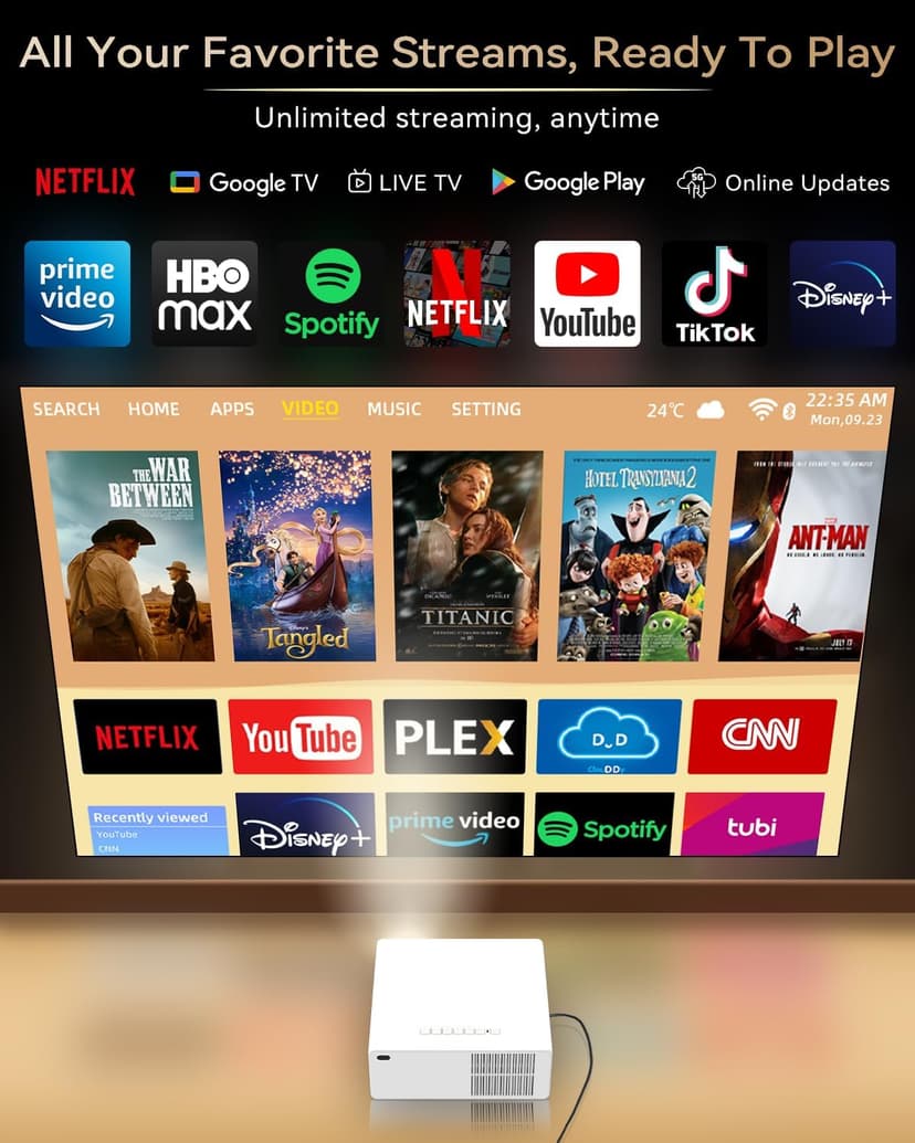 [1300 ANSI/Netflix Licensed/Dolby Audio] Projector with WiFi Bluetooth Portable Outdoor - 4K Smart Ceiling Projector with Built in Apps, Wireless Home Theater for Bedroom, 20% Zoom/500", HDMI/Phone/PC