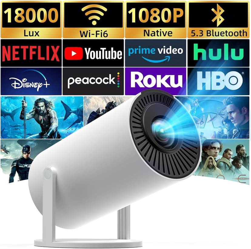 Auto Keystone Projector with WIFI and Bluetooth, Pericat 210° Rotatable Portable Projector, 18000L Native 1080P Home Theater, Outdoor Movie Projectors Compatible with TV Stick, Laptop, PC, Smartphone