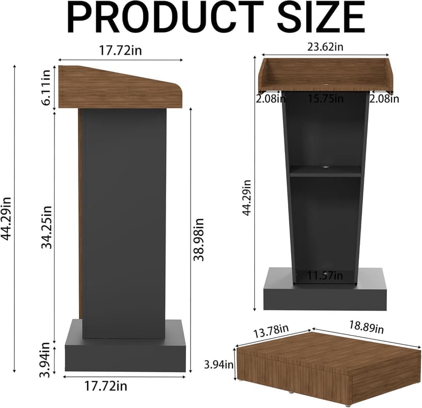 Wooden Podium Stand with Footrest, Rolling Lectern with Storage, 23.6” Desktop, Built-in Cable Holes, Sturdy Base, Mobile Pulpit for Churches, Conferences & Classrooms