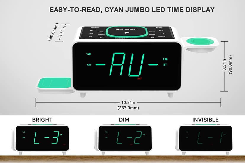 Emerson Smartset Dual Alarm Clock FM Radio with Wireless Charging, Bluetooth Speaker, Ultra Fast Charging for Airpods/iPhone, Foldable Stand, USB Charger, Adjustable LED Glow, ER100501