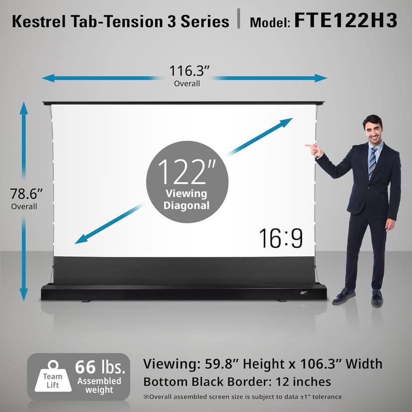 EliteProjector Screens Kestrel Tab-Tension 3 CineWhite, 122" Diag., 16:9 Aspect Ratio, ISF Certified 4K/8K Ultra HD Electric Floor-Rising Motorized Tab-Tensioned Front Projector Screen, FTE122H3