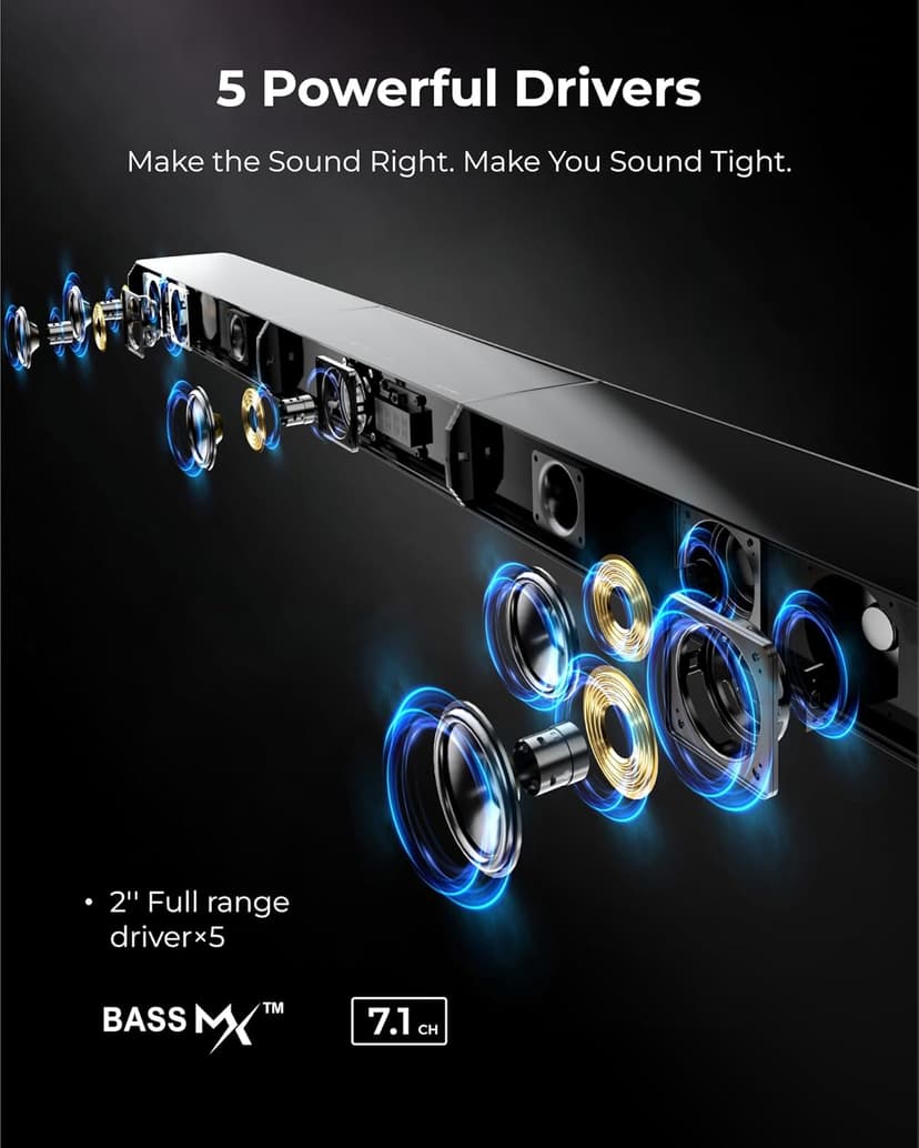 ULTIMEA 7.1ch Virtual Surround Sound Bar, Sound Bar for Smart TV with 2 Surround Speakers, Surround Sound System for TV with RGB, 6.5" Subwoofer, Peak Power 410W, App, HDMI/OPT/AUX/BT Apollo S70 Ultra
