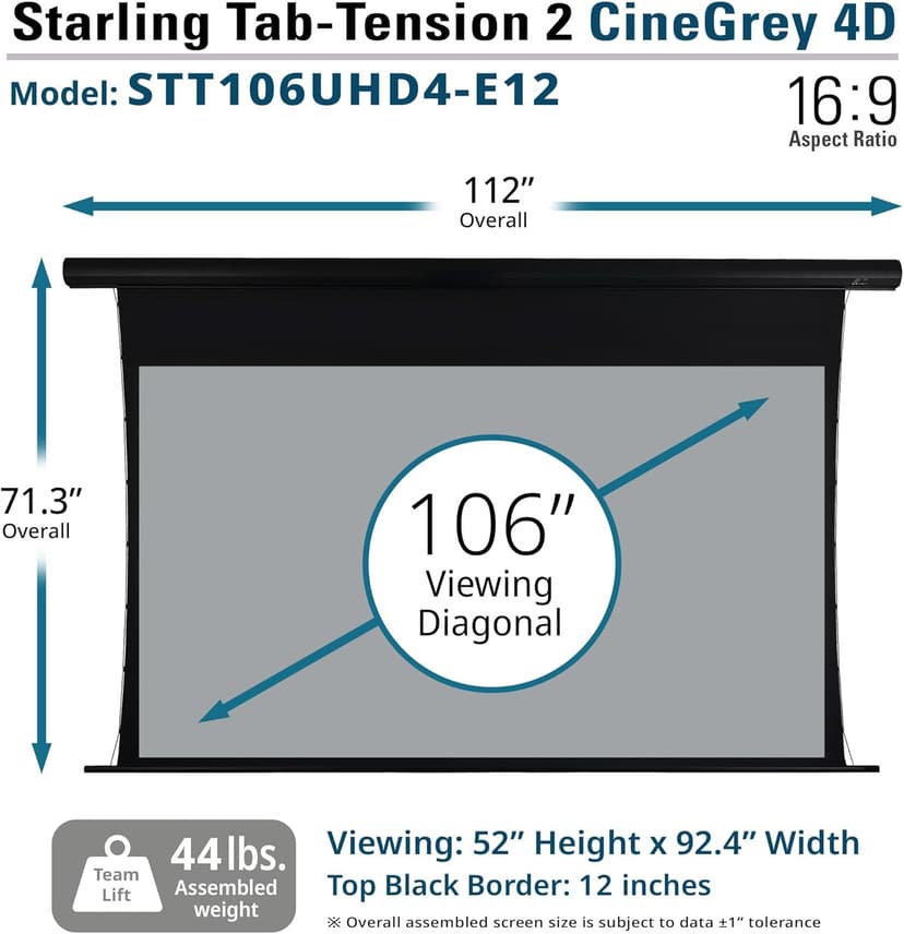 Elite Screens Starling Tab-Tension 2 CineGrey 4D, 106" 16:9, Ceiling, Ambient Light Rejecting (CLR/ALR) Tab-Tensioned Electric Drop Down Front Projector Screen Programmed Remote Kit, STT106UHD4-E12