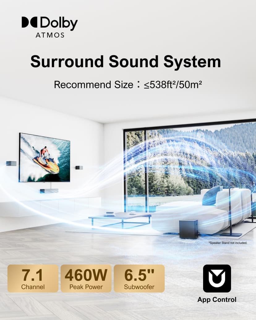 ULTIMEA 7.1Ch Soundbar with Dolby Atmos, APP Control, Surround Sound System for TV, 4 Wired Surround Speakers, Sound Bar for TV with 6.5" Wireless Subwoofer, Soundbar for TV, Poseidon D80 Upgraded