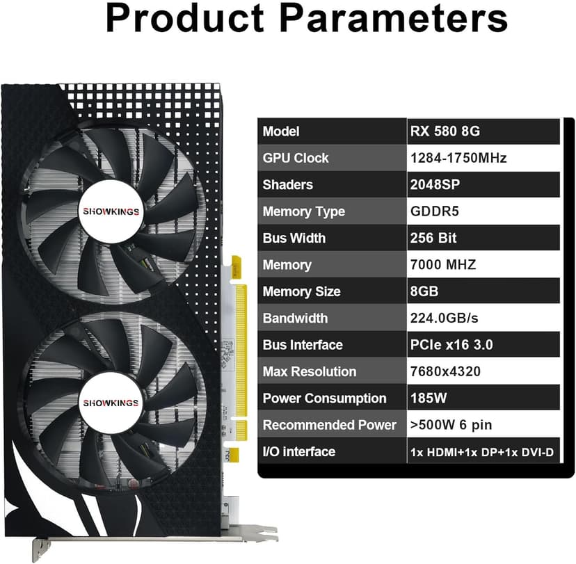 Radeon RX 580 8GB Graphics Card, 256Bit 2048SP GDDR5 AMD Video Card for Pc Gaming, DP HDMI DVI-Output, PCI Express 3.0 with Dual Fan for Office and Gaming
