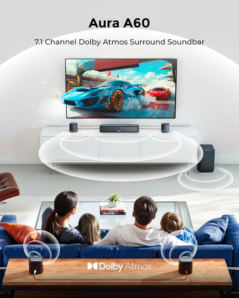 ULTIMEA 7.1ch Sound Bar with Dolby Atmos, Surround Sound System for TV with 4 Surround Speakers, Sound Bar for Smart TV with App Control, Soundbar with Subwoofer for Home Theater, HDMI eARC, Aura A60