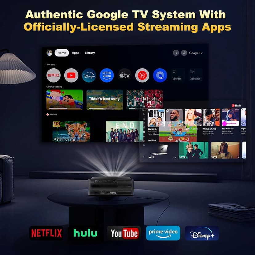 [1500 ANSI] Dess 4K Projector with WiFi 6 and Bluetooth, Home Outdoor Electric Stand Movie Proyector, Auto Focus & Keystone, Native 1080P, High Contrast, Smart Projector with Netflix & Google Tv
