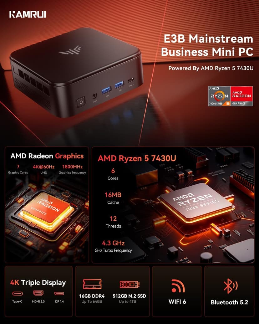 KAMRUI Mini Gaming PC, E3B 16GB RAM 512GB SSD Mini PC AMD Ryzen 5 7430U Micro Desktop Computers (Max 4.3GHz,6C/12T, Beat 5650U), Small Computer Support WiFi 6, BT5.2, Triple Display for Office Home