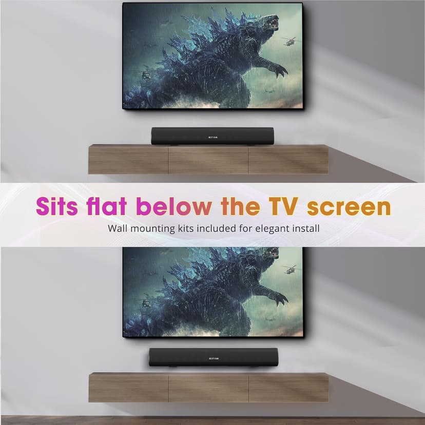 BESTISAN Soundbar, TV Sound Bar with Wired HDMI and Wireless Bluetooth 5.0 Home Theater System (28 Inch, Enhanced Bass Technology, 3-Inch Drivers, Bass Adjustable, Wall Mountable, DSP)