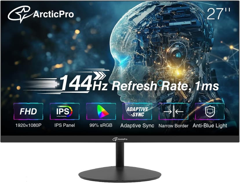 27inch Computer Monitor, FHD 1080p, 144Hz Office and Gaming Monitor, IPS, Adaptive Sync, 110% sRGB, 1ms, 3-Sided Frameless, Ultra Slim, VESA Mountable, Anti-Blue Light Design, HDMI, DP