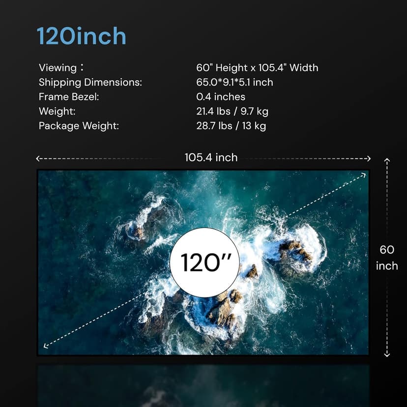 120-inch Fixed Frame Projector Screen, 1.3 dB Gain, 80% PQE, 4K/8K Ultra HD, 3D Wall Mount Projector Screen, Works with Long Throw, Short Throw & Ultra Short Throw Projectors