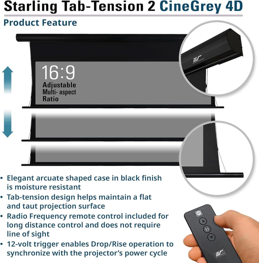 Elite Screens Starling Tab-Tension 2 CineGrey 4D, 106" 16:9, Ceiling, Ambient Light Rejecting (CLR/ALR) Tab-Tensioned Electric Drop Down Front Projector Screen Programmed Remote Kit, STT106UHD4-E12