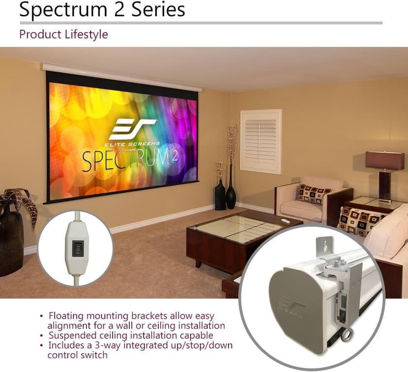 Elite Screens Spectrum2, 120-inch 16:9, 12-inch Drop, Electric Motorized Drop Down Projection Projector Screen, SPM120H-E12