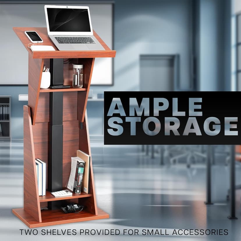 VIVO Pneumatic Height Adjustable Podium, Professional Presentation Lectern with 24 inch Platform and Storage Shelves, Dark Walnut, Stand-PDMH
