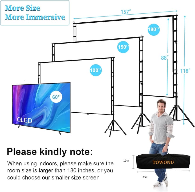 Projector Screen and Stand,TOWOND 180 inch Outdoor Projector Screen 15 FT Large Projection Screen, Portable 16:9 4K HD Rear Front Movie Screen with Carry Bag Wrinkle-Free Design for Backyard Theater
