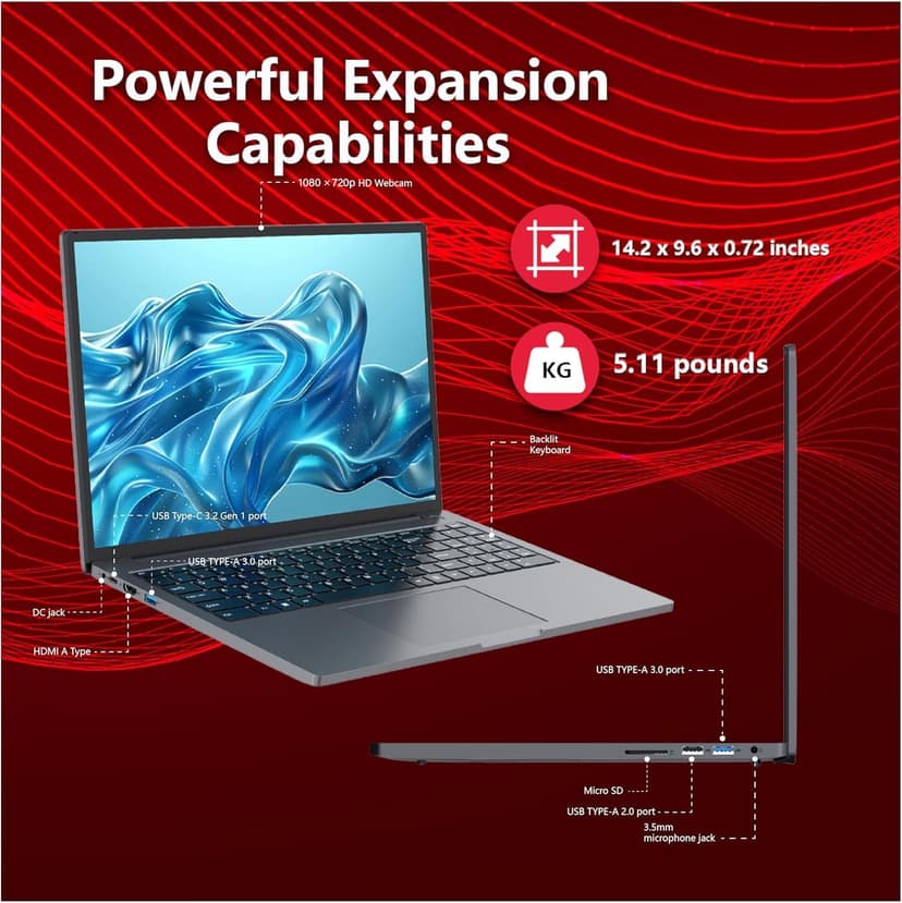 ZOLWAYTAC Gaming Laptop 16" Ultra-Slim - Intel Core i5-(Up to 3.5GHz), 12GB DDR4 + 512GB SSD, 1920x1200 IPS 16:10 Display, WiF& BT, HDMI/Type-C - Aluminum Laptop for Work & Play