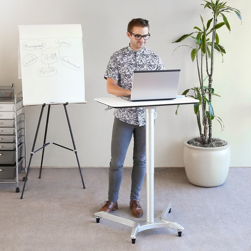 Seville Classics AIRLIFT XL 28" Pneumatic Height Adjustable Sit-Stand Mobile Laptop Computer Desk Cart (27.1" to 41.9" H), White
